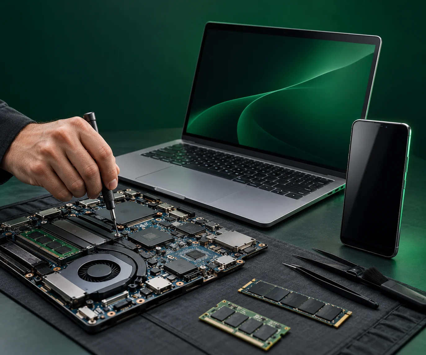Composición fotográfica de una laptop, reparación de componentes y teléfono móvil